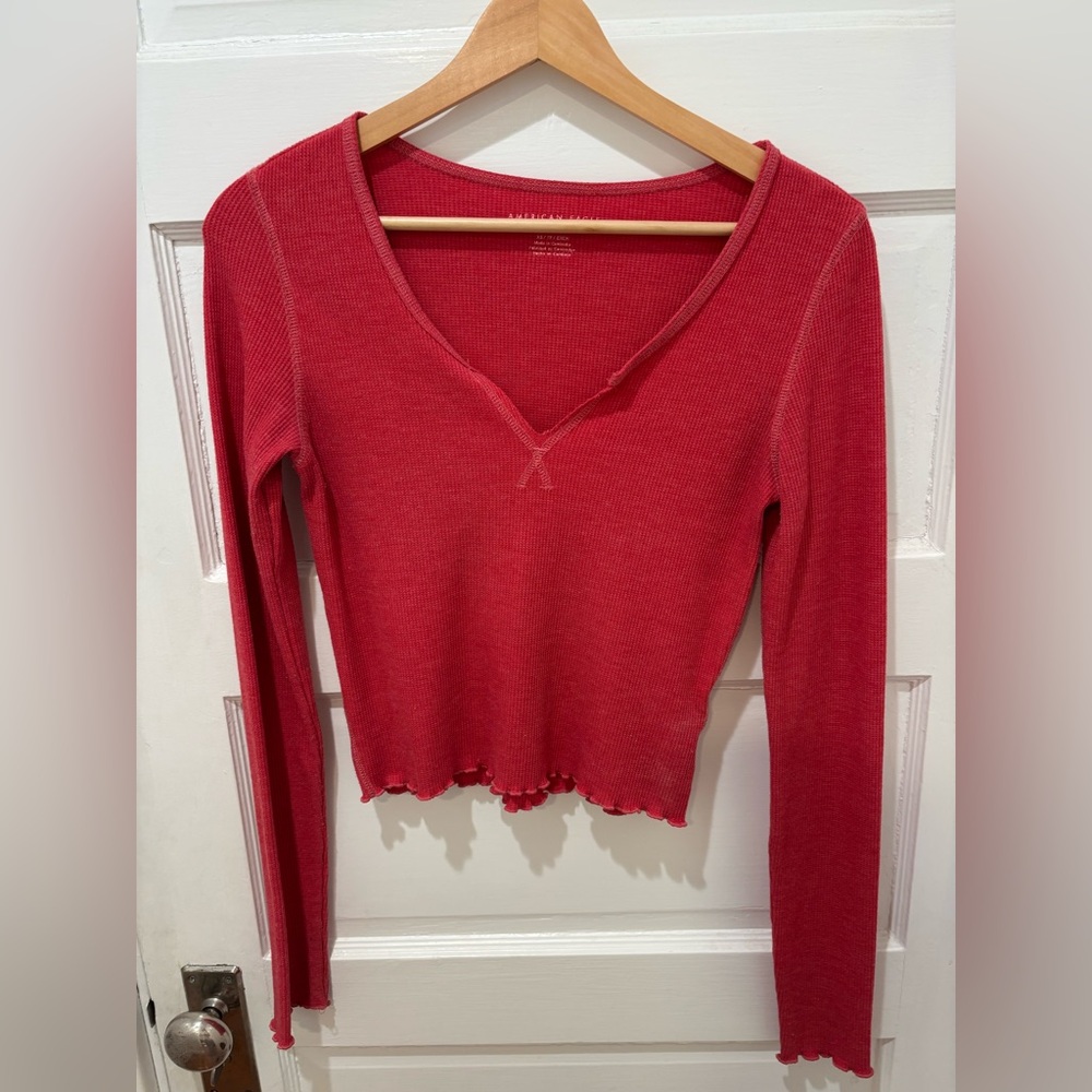 American Eagle Outfitters Red Ribbed V-Neck Blouse